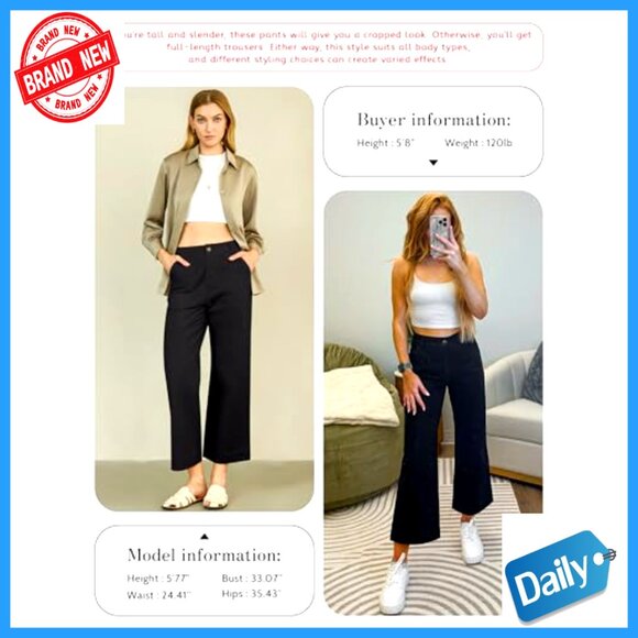 High Waisted Wide Leg Cropped Pants, Stretch Cotton Blend, Casual Office Wear - Picture 5 of 7